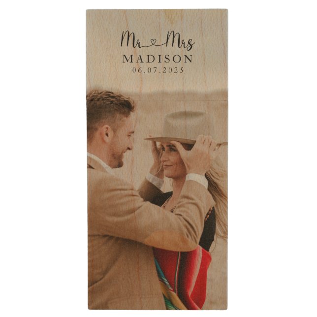 Custom Wedding Photo Calligraphy Wood Flash Drive (Front Vertical)