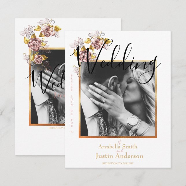Custom Wedding Photo Floral Gold Script White Invitation (Front/Back)