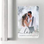 Custom Wedding Photo Love Gray Script Magnet<br><div class="desc">Celebrate your wedding with this keepsake flexible magnet, featuring the word "love" in elegant charcoal gray handwriting script with swashes at the beginning and end. Personalize it with your names and wedding date, and replace the sample image with your favorite wedding photo. A white gradient filter helps make the text...</div>