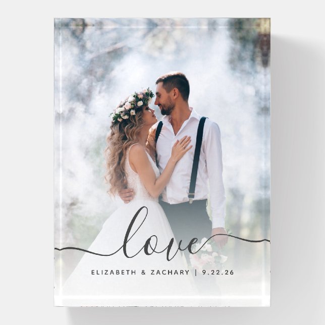 Custom Wedding Photo Love Gray Script Paperweight (Vertical)