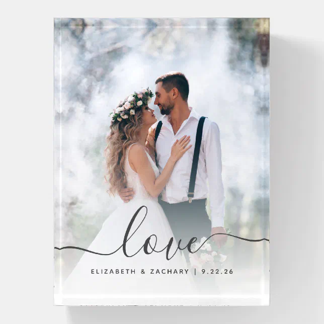 Custom Wedding Photo Love Gray Script Paperweight | Zazzle