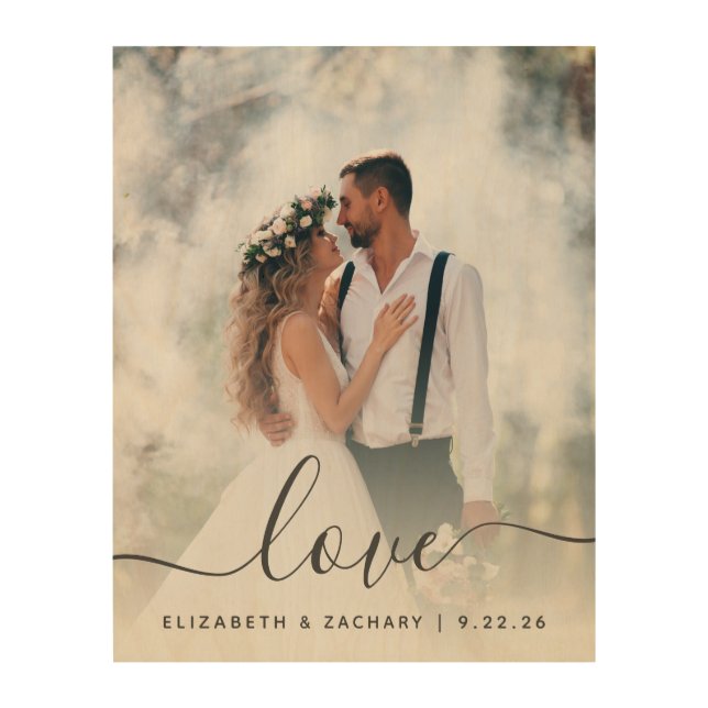 Custom Wedding Photo Love Gray Script Wood Wall Art (Front)