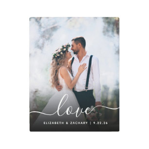 Custom Wedding Photo Love White Script Metal Print