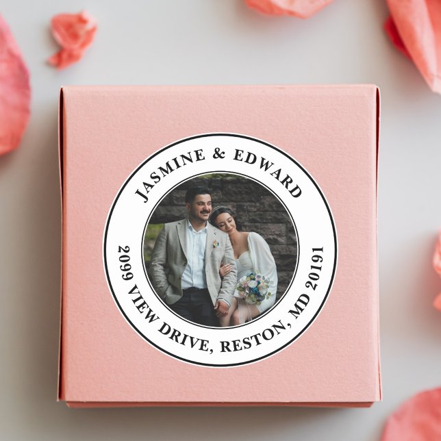 Custom Wedding Photo Modern Return Address  Classic Round Sticker (Creator Uploaded)