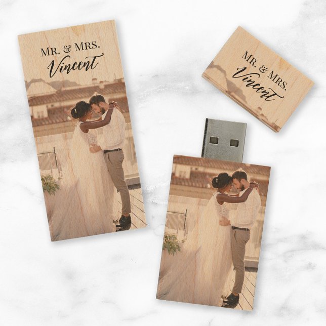 Custom Wedding Photo Monogram 2-Sided USB Wood Flash Drive (Creator Uploaded)