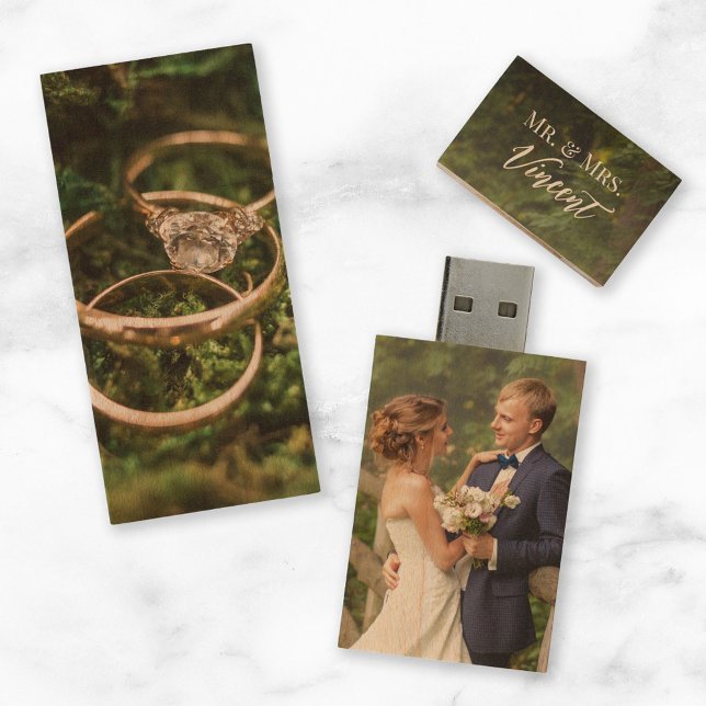 Custom Wedding Photo Monogram 2-Sided USB Wood Flash Drive (Creator Uploaded)