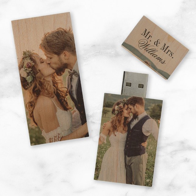 Custom Wedding Photo Monogram 2-Sided USB Wood Flash Drive (Creator Uploaded)