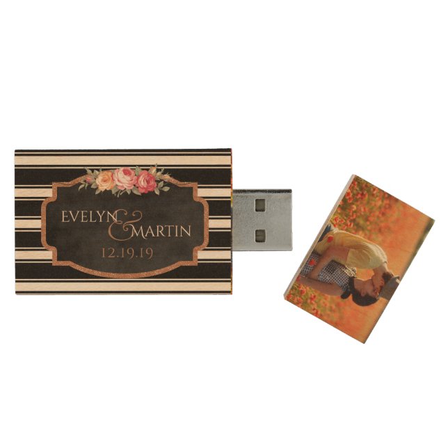 Custom Wedding Photo Monogram USB Wood Flash Drive (Opened)