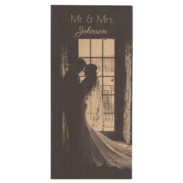 Custom Wedding Photo Monogram Wood Flash Drive (Back (Vertical))