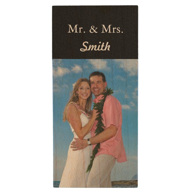 Custom Wedding Photo Monogram Wood USB Flash Drive (Front Vertical)