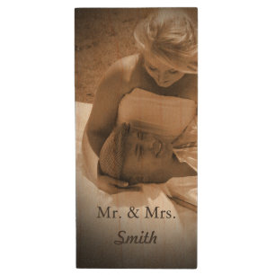 Custom Wedding Photo Monogram Wood USB Flash Drive