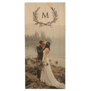 Custom Wedding Photo Monogram Wreath Wood Flash Drive