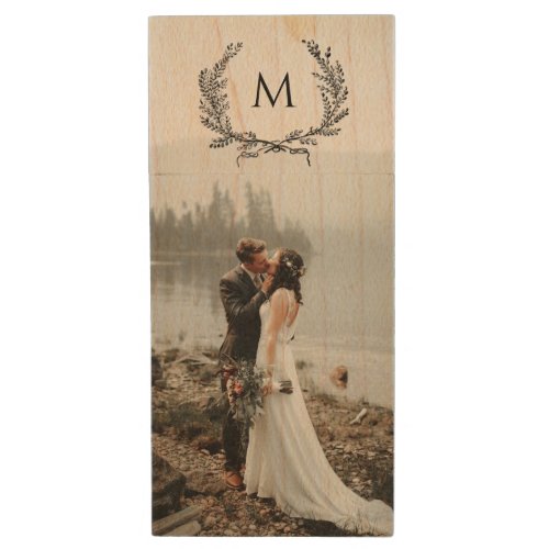 Custom Wedding Photo Monogram Wreath Wood Flash Drive