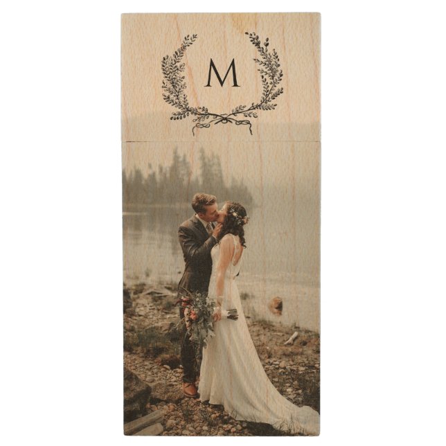 Custom Wedding Photo Monogram Wreath Wood Flash Drive (Front Vertical)