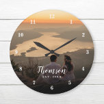 Custom Wedding Photo Monogrammed Large Clock<br><div class="desc">Create a special one of a kind round or square wall clock personalized with your wedding photo, name monogram and established date. The design features simple modern fonts overlaid onto your full bleed photo. Use the design tools to choose any fonts and colors to match your own home decor style....</div>