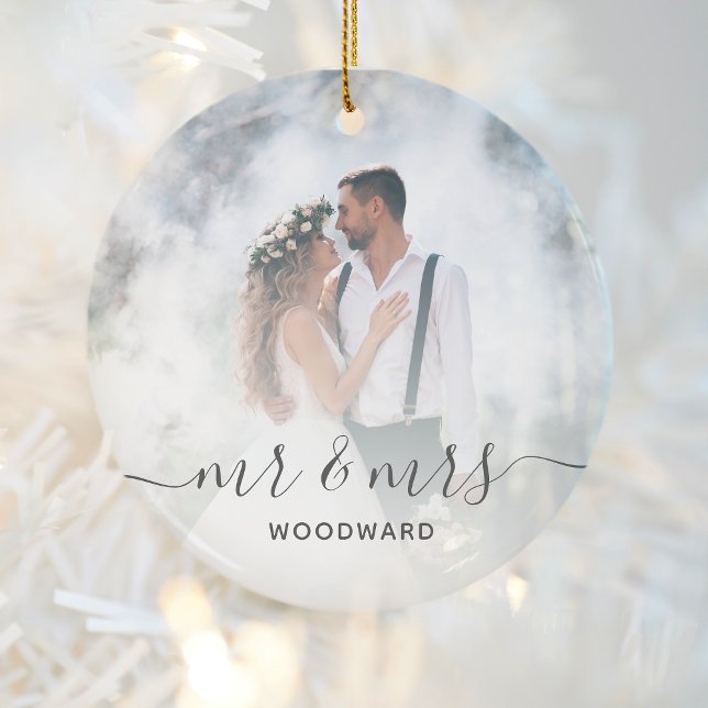 Custom Wedding Photo Mr and Mrs Gray Script Ceramic Ornament (Creator Uploaded)