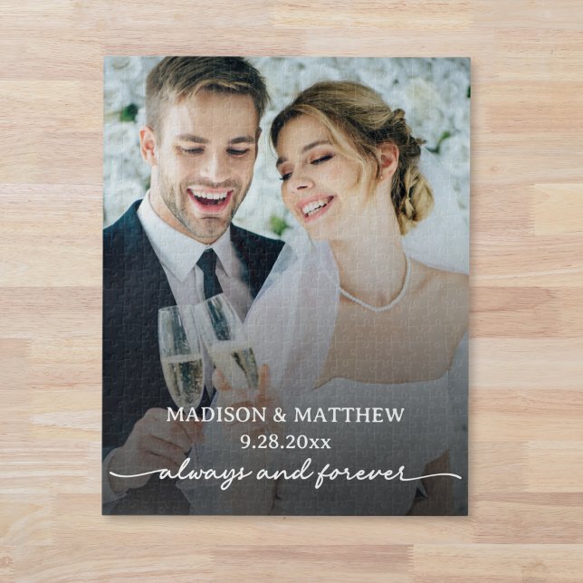 Custom Wedding Photo Puzzle (elegant always and forever personalized wedding photo puzzle with custom name and wedding date)