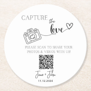 Custom Wedding Photo QR Code Sign Capture the Love Round Paper Coaster