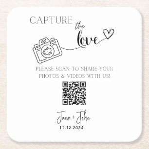 Custom Wedding Photo QR Code Sign Capture the Love Square Paper Coaster