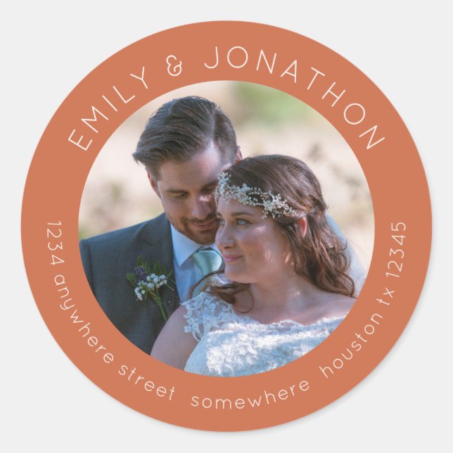 Custom Wedding Photo Return Address Terracotta Classic Round Sticker (Front)