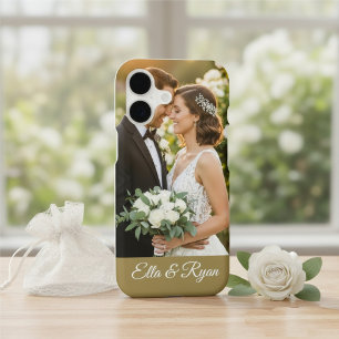 Custom Wedding Photo & Script Names Elegant Gold iPhone 17 Case