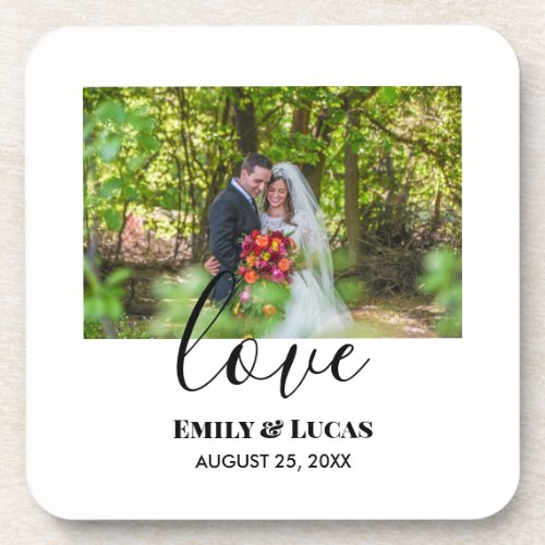 Custom Wedding Photo Simple Elegant Calligraphy Beverage Coaster