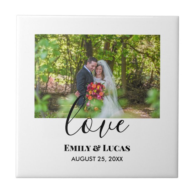 Custom Wedding Photo Simple Elegant Calligraphy Ceramic Tile (Front)