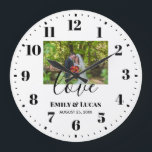 Custom Wedding Photo Simple Elegant Calligraphy Large Clock<br><div class="desc">Custom design with your own pre-wedding photo over plain white background for your special day. The design has modern calligraphy texts on the lower side which can be customized to your preference. Please visit my collection for matching items.</div>