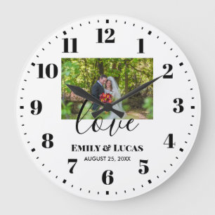 Custom Wedding Photo Simple Elegant Calligraphy Large Clock
