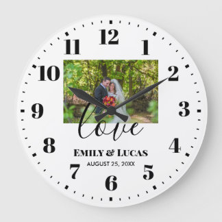 Custom Wedding Photo Simple Elegant Calligraphy Large Clock