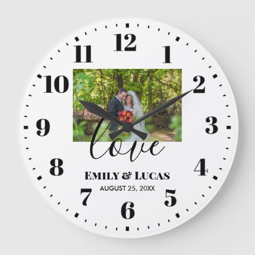 Custom Wedding Photo Simple Elegant Calligraphy Large Clock