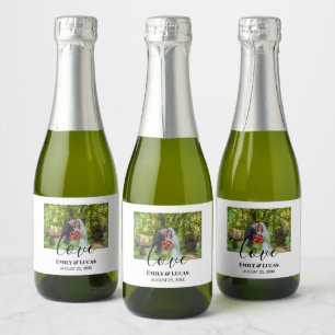 Custom Wedding Photo Simple Elegant Calligraphy Sparkling Wine Label