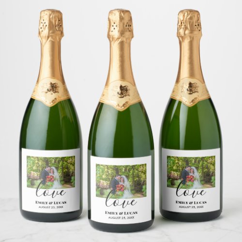 Custom Wedding Photo Simple Elegant Calligraphy Sparkling Wine Label