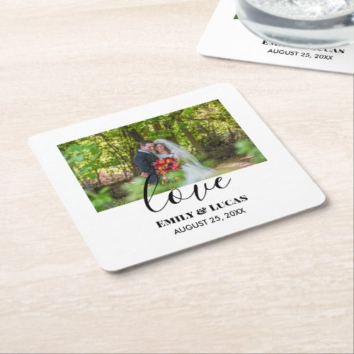 Custom Wedding Photo Simple Elegant Calligraphy Square Paper Coaster