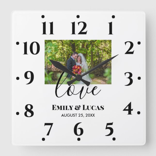 Custom Wedding Photo Simple Elegant Calligraphy Square Wall Clock (Front)