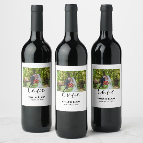 Custom Wedding Photo Simple Elegant Calligraphy Wine Label