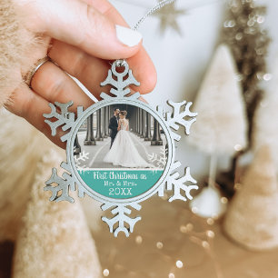 Custom Wedding Photo Teal First Christmas Mr & Mrs Snowflake Pewter Christmas Ornament