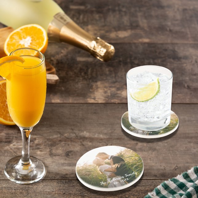 Custom wedding photo white letters drink coaster (Creator Uploaded)