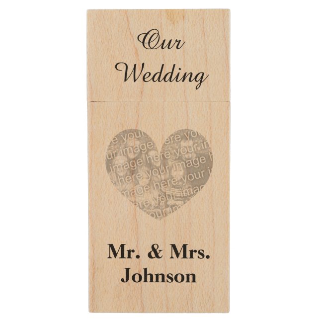 Custom wedding photo wood USB flash drive keepsake (Front Vertical)