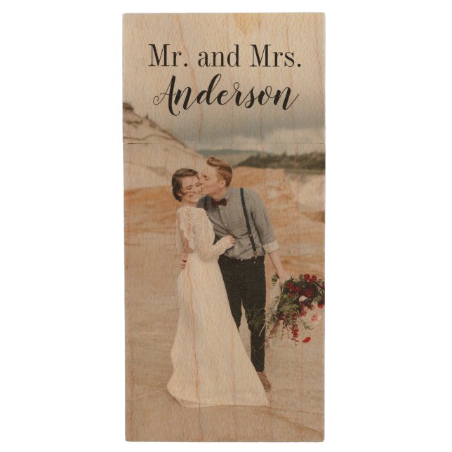 custom wedding photograph monogram thank you wood flash drive (Front Vertical)