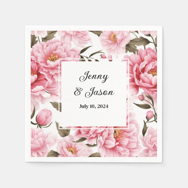 Custom Wedding Pink Peonies Paper Napkins (Front)