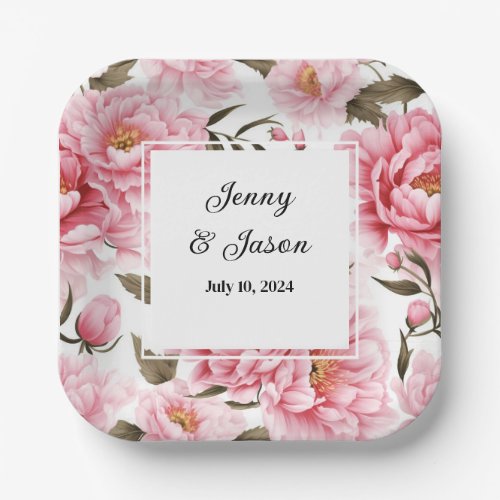 Custom Wedding Pink Peonies Paper Plates