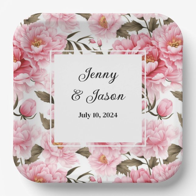 Custom Wedding Pink Peonies Paper Plates (Front)