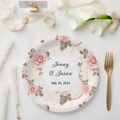 Custom Wedding Pink Rose Paper Plates