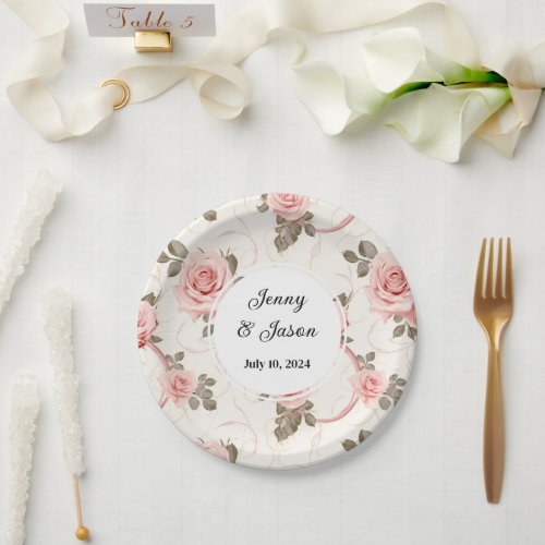 Custom Wedding Pink Rose Paper Plates
