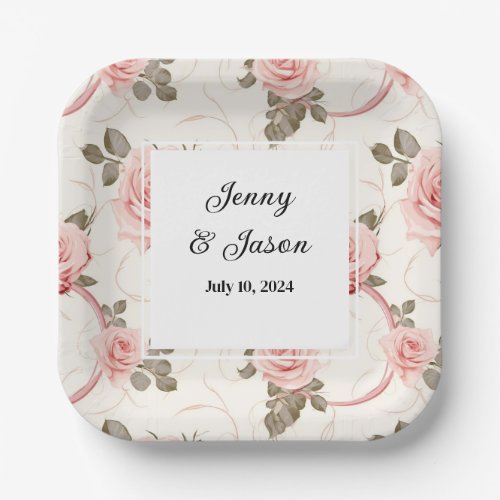 Custom Wedding Pink Roses Paper Plates