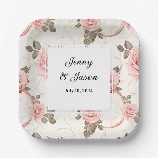 Custom Wedding Pink Roses Paper Plates (Front)