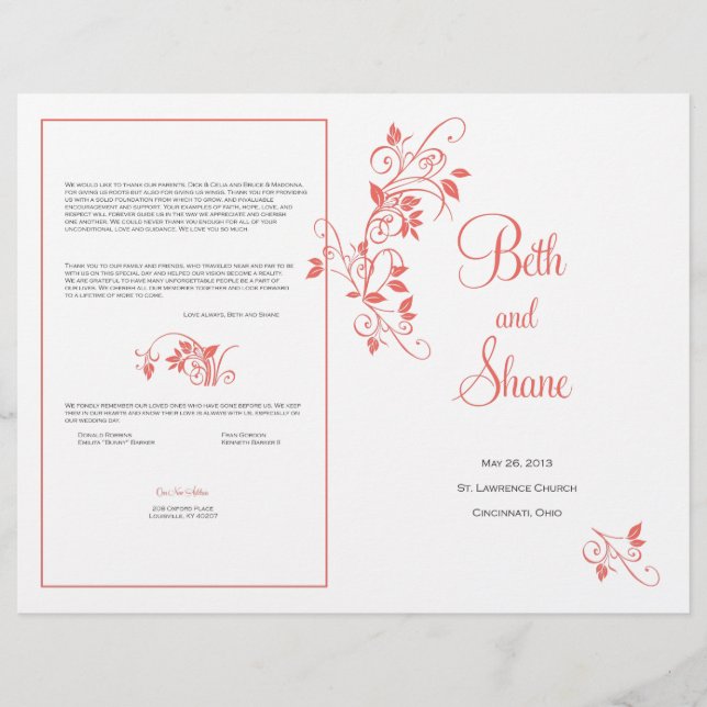 Custom Wedding Program - Coral (Front)