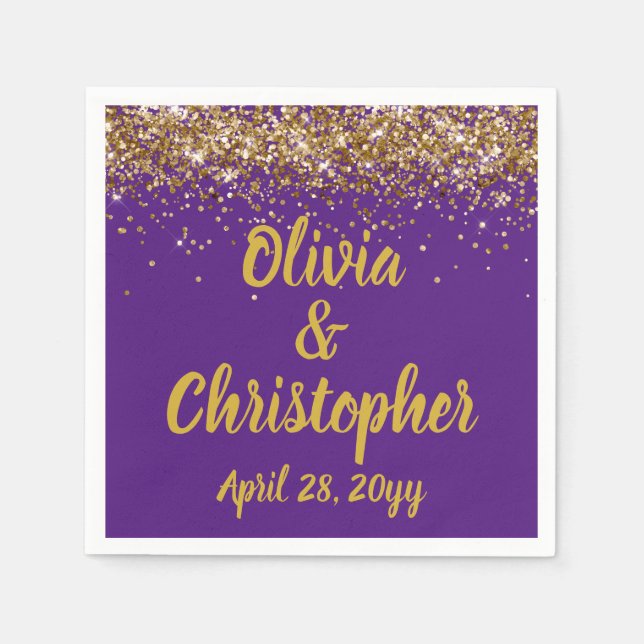 Custom Wedding Reception Purple Gold Personalized Napkins (Front)