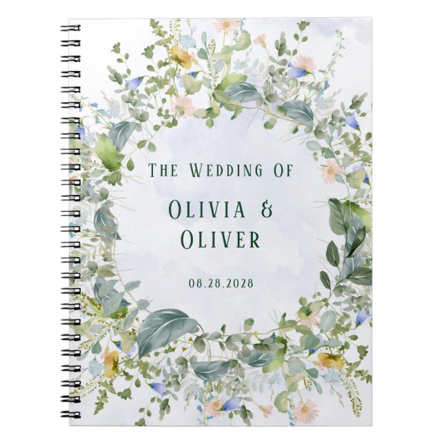 Custom Wedding Retreat Dusty Blue Wildflowers Notebook (Front)
